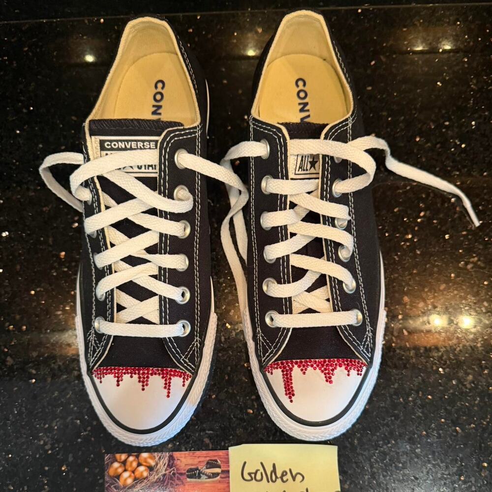 New In Box Converse Sz W 9 M 7 Swarovski Dripping Blood Crystal Black Low Tops